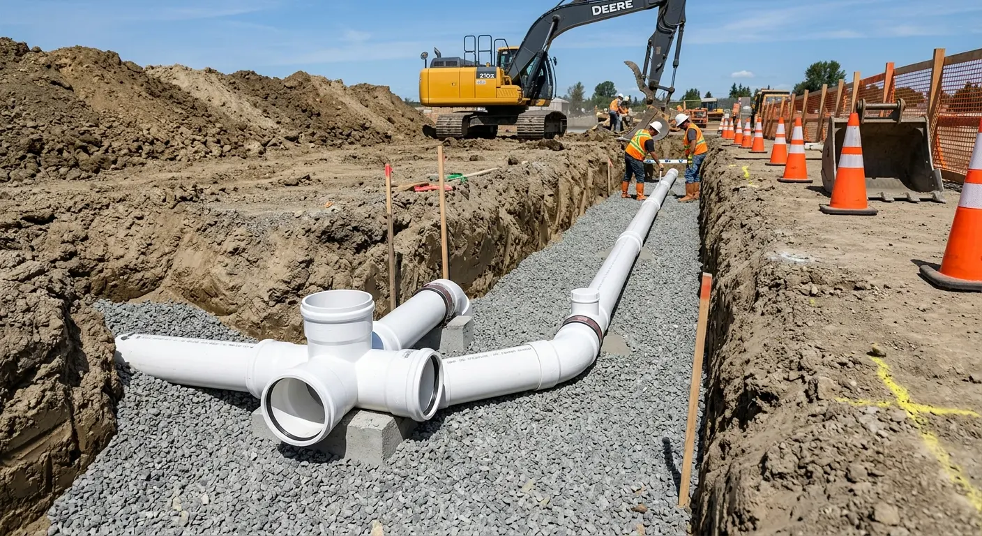 New PVC sewer pipe installation in open trench for Commercial Drain Cleaning in Rosenberg