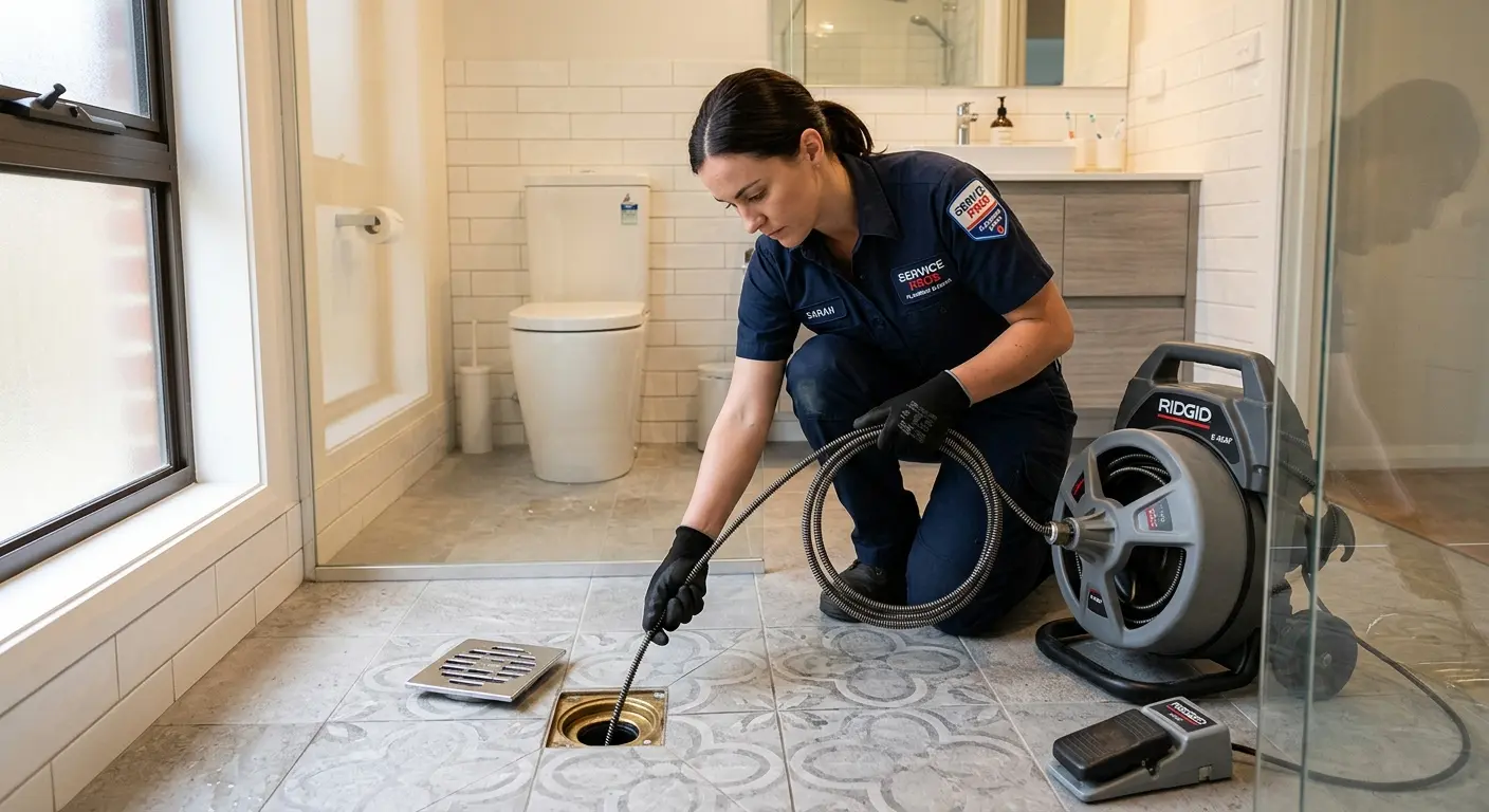 Technician clearing a bathroom floor drain for Drain Repair in Rosenberg